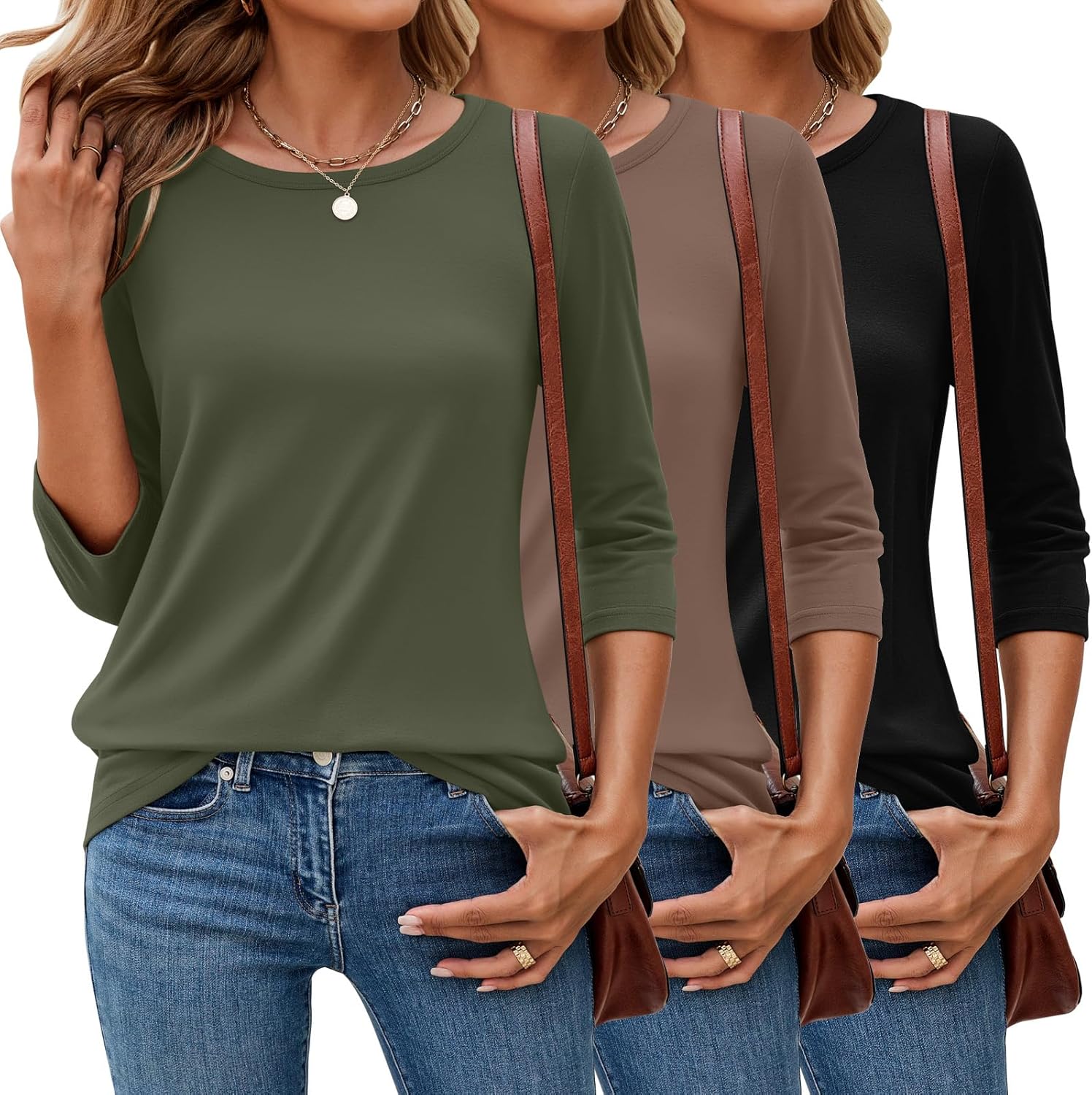 Stylish 3 Pack 3/4 Sleeve Tops for Women - Dressy Basics Tees