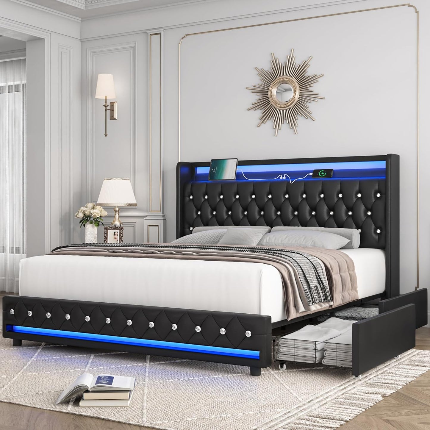 HIFIT Queen LED Bed Frame with Charging Station and Storage