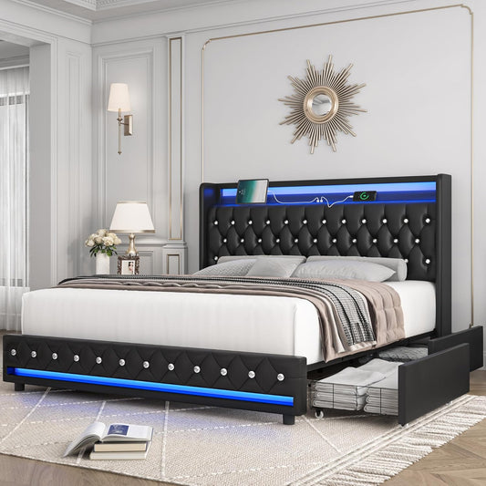 HIFIT Queen LED Bed Frame with Charging Station and Storage