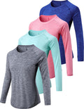 Womens Long Sleeve Athletic Tops 4-Pack - Thumb Hole Dry Fit Crew