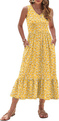 Women's Maxi Dress Sleeveless V Neck Tiered Sundress - Pockets