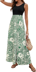 Women Boho Chevron Striped Floral Maxi Dress - Sleeveless Scoop Neck