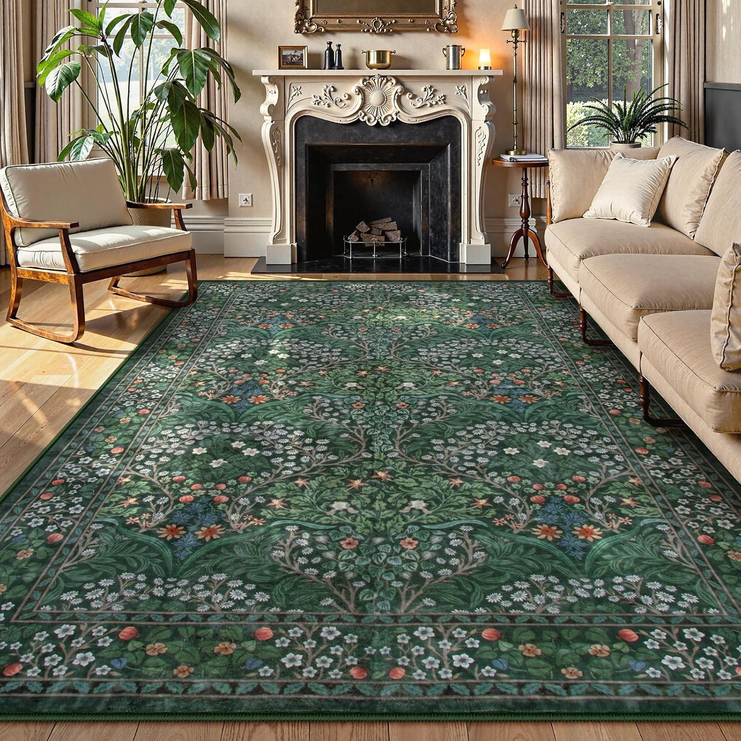 Lahome Floral Dark Green Area Rugs 8x10 for Cozy Living Spaces