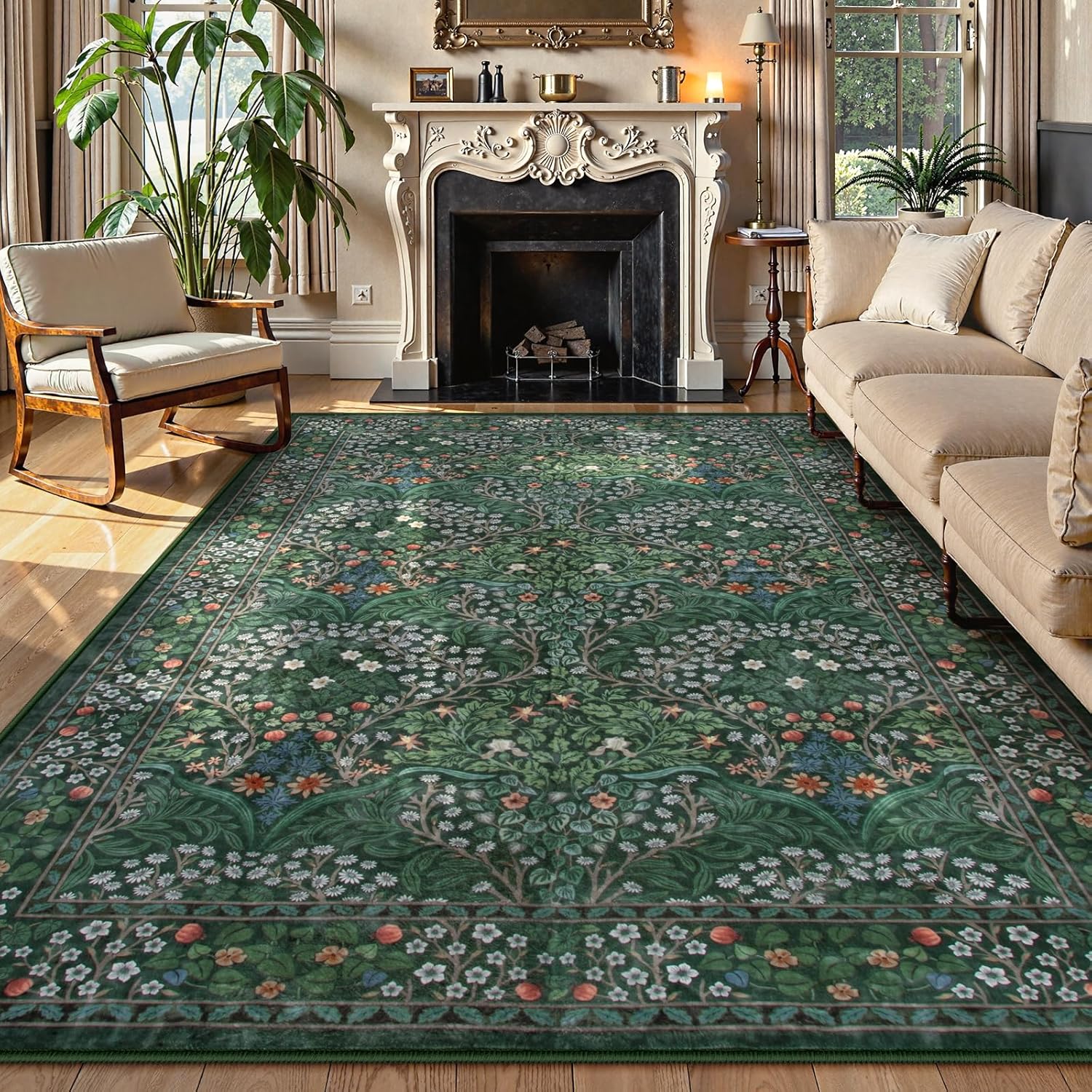 Lahome Floral Dark Green Area Rugs 8x10 for Cozy Living Spaces