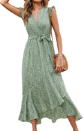 Summer Floral Maxi Dress Wrap V Neck Ruffle Sleeve - Flowy