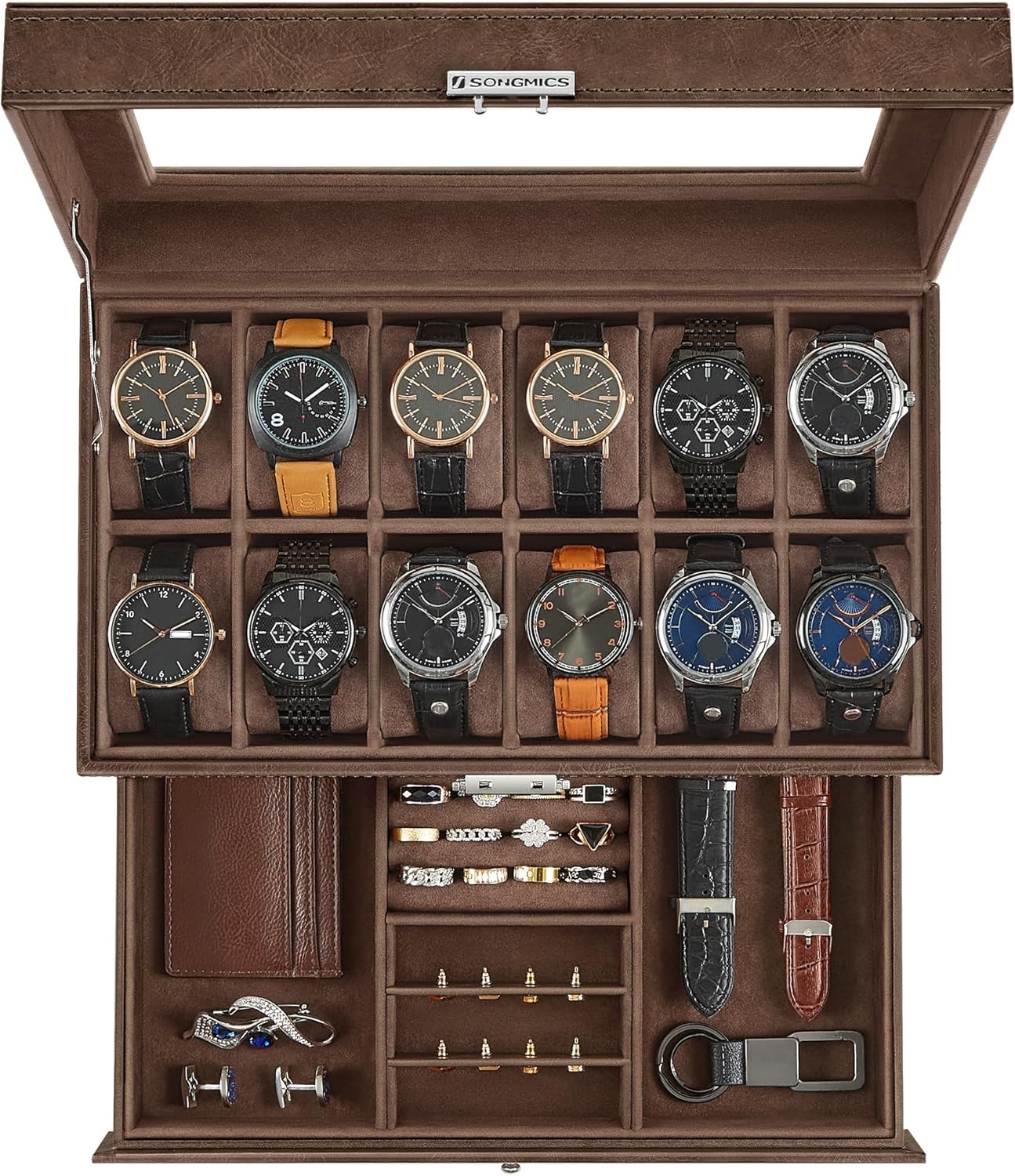 12-Slot Watch Box with Glass Lid and Drawer for Accessories