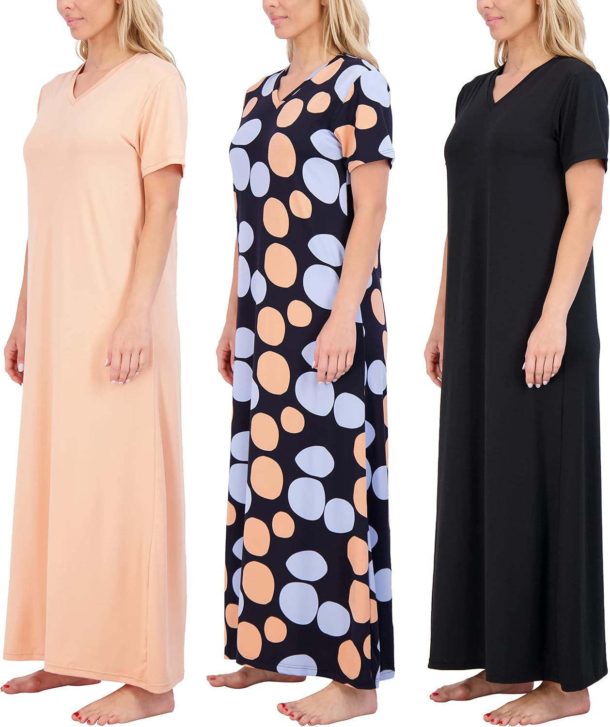 Women's V-Neck Long Nightgowns: Soft Maxi Nightshirt 3 Pack