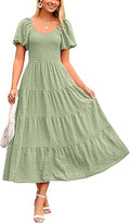 PRETTYGARDEN Womens Puff Sleeve Boho Midi Dress - Flowy Swiss Dot Midi