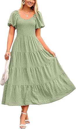 PRETTYGARDEN Womens Puff Sleeve Boho Midi Dress for Summer Fun