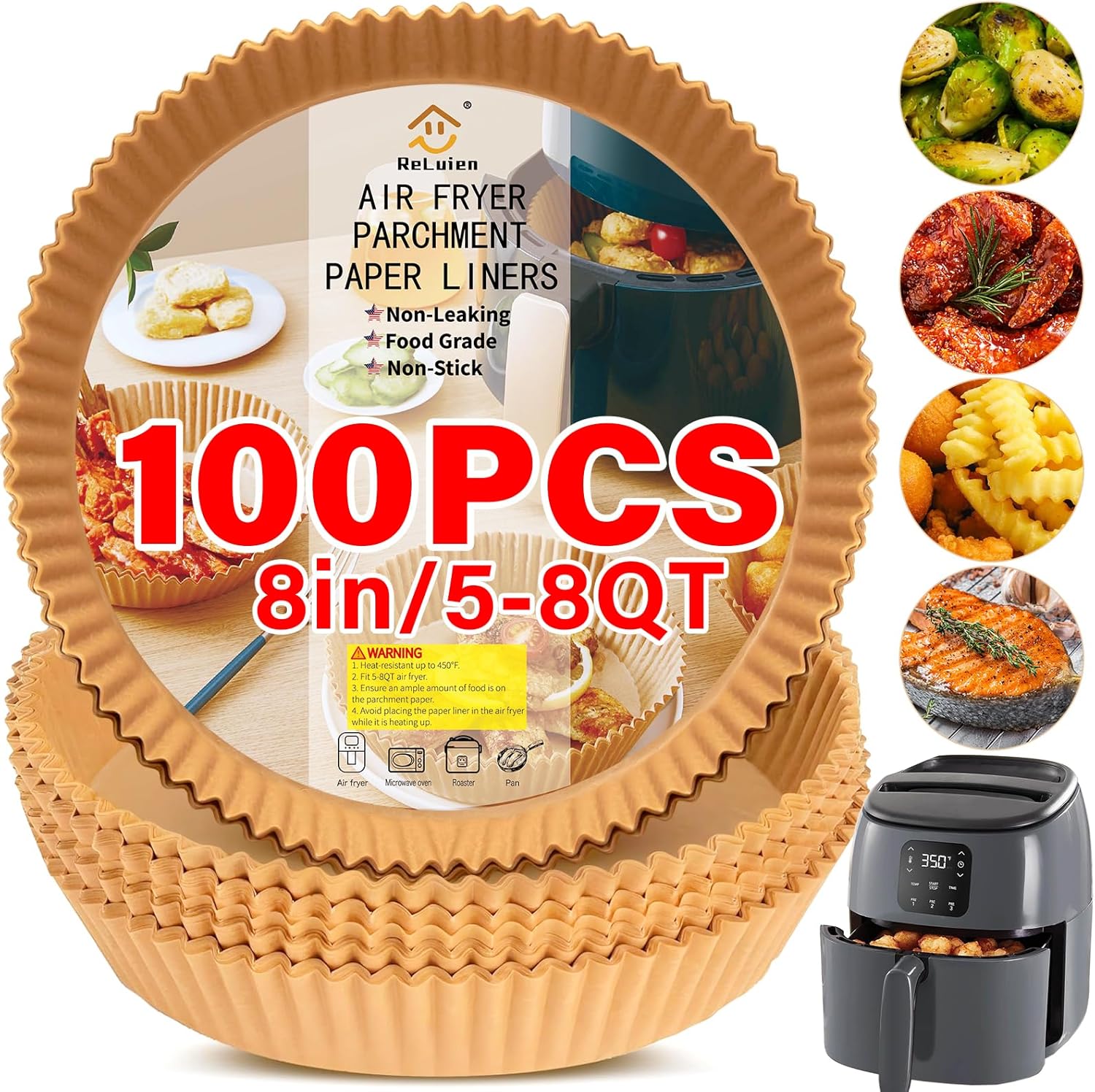 Non-Stick Air Fryer Liners - 100PCS 8 Inch, Bleach-Free, Perfect for 5-8QT Air Fryer by ReLuien