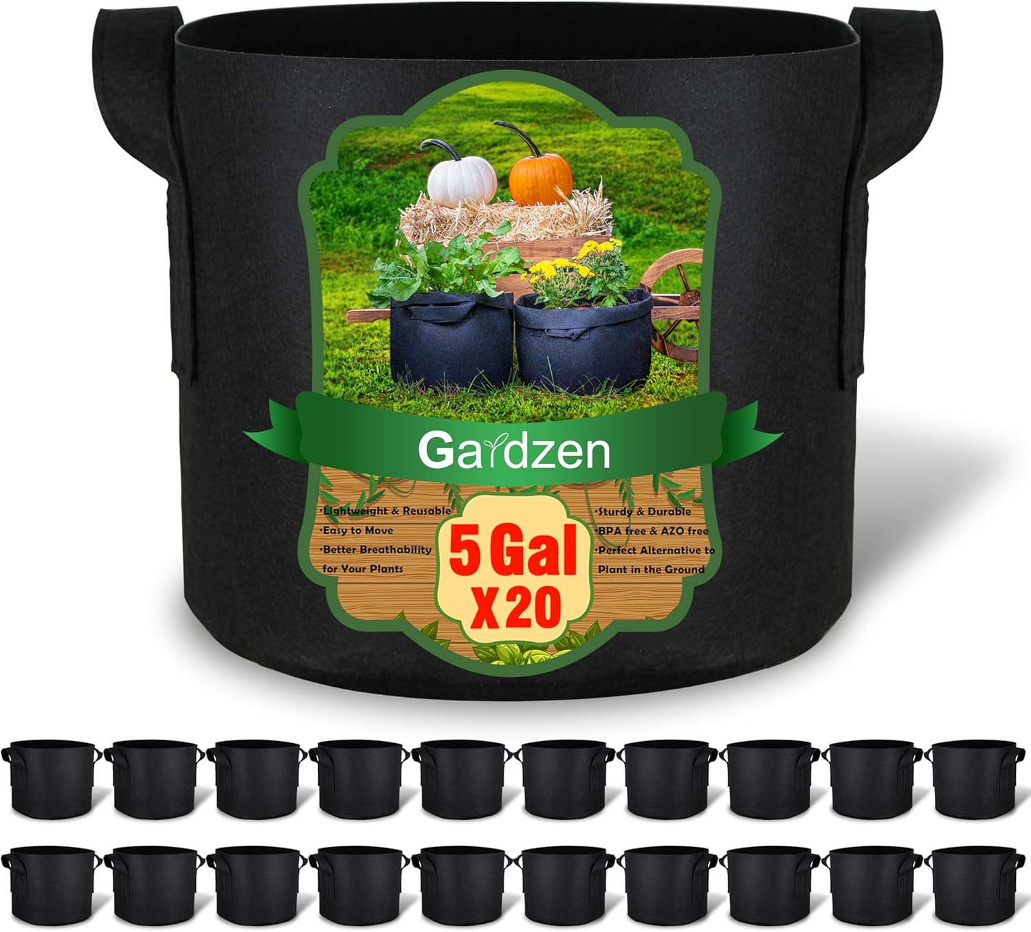 Gardzen 20-Pack 5 Gallon Grow Bags for Healthy Plant Growth