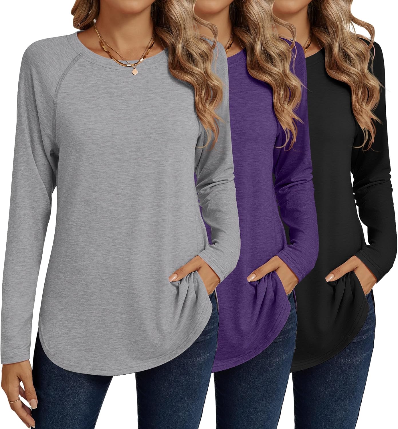 Ficerd Women's Long Sleeve T-Shirts with Side Split Curved Hem
