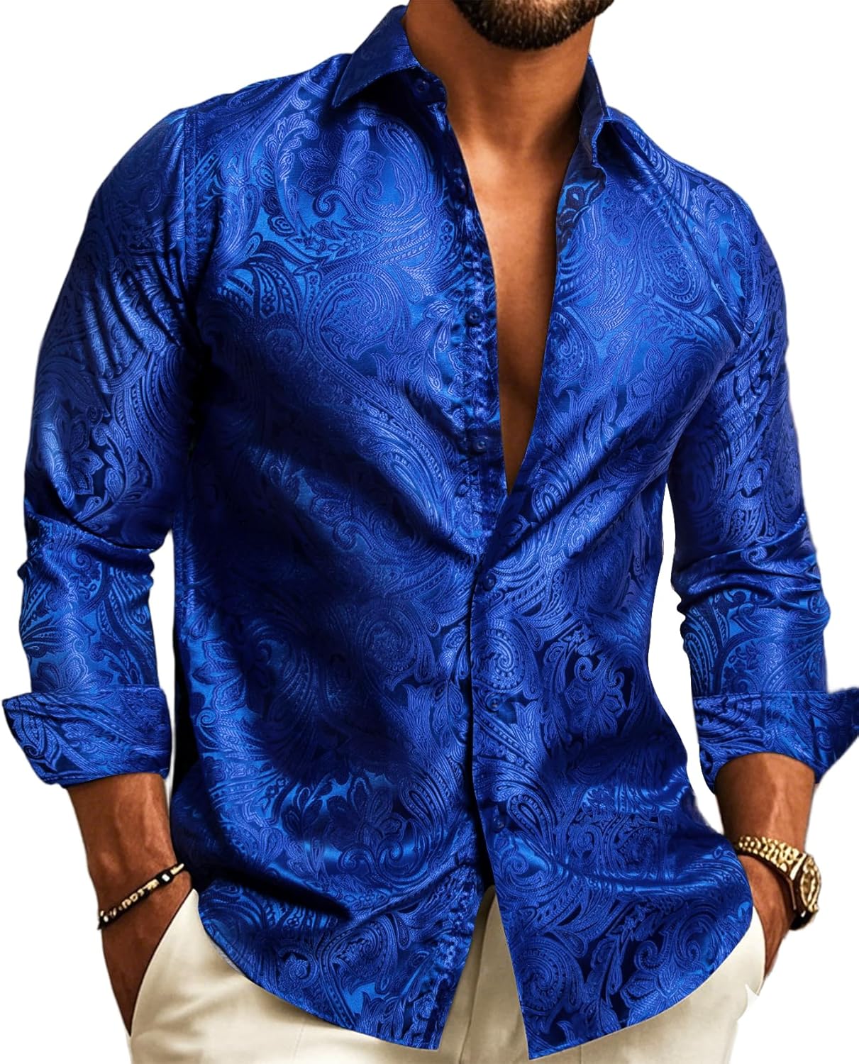 Barry.Wang Mens Casual Long Sleeve Silk Button Up Dress Shirt