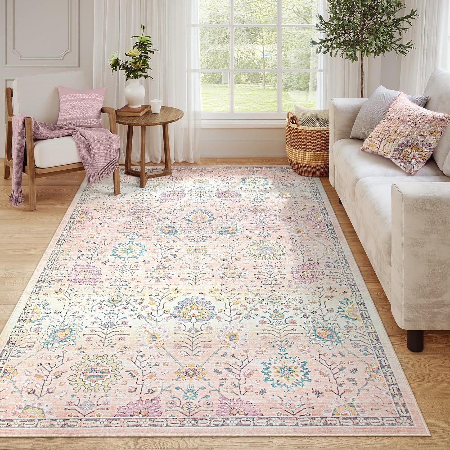 Lahome Light Pink Boho Rug - Soft Floral Kids Carpet 6x9