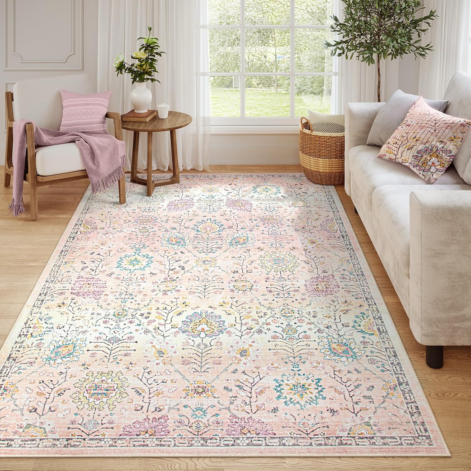 Lahome Light Pink Boho Rug - Soft Floral Kids Carpet 6x9