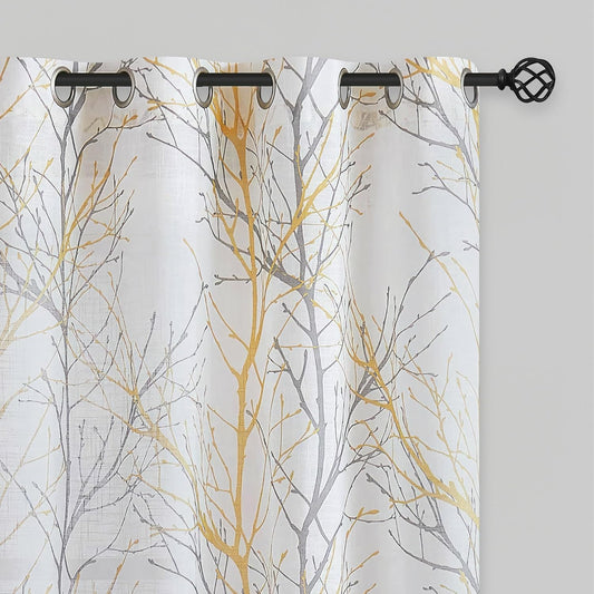 Linen Semi Sheer Curtains for Bedroom with Tree Branch Print