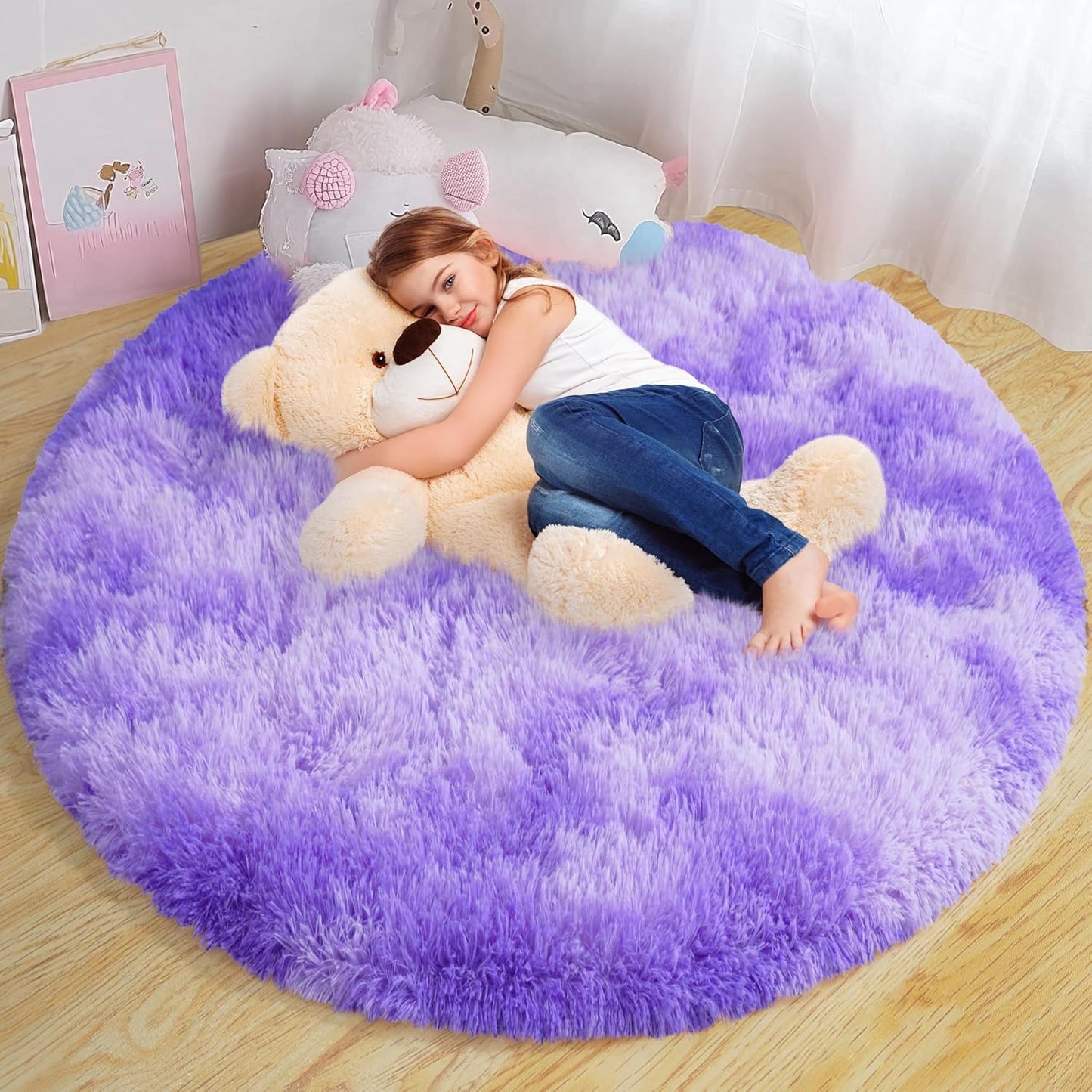Round Fluffy Rugs 5Ft for Girls Bedroom, Soft Tie-Dyed Decor
