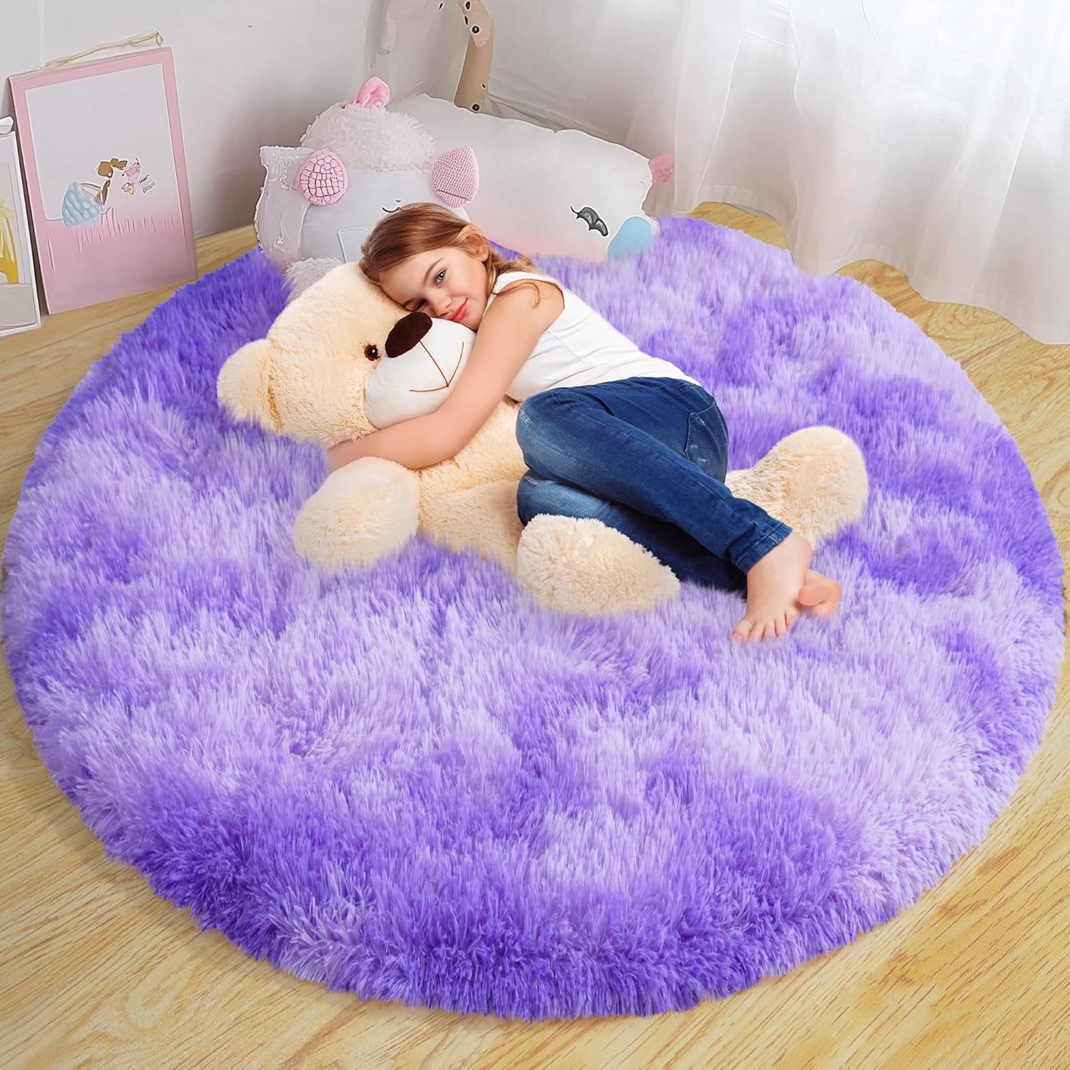 Round Fluffy Rugs 5Ft for Girls Bedroom, Soft Tie-Dyed Decor