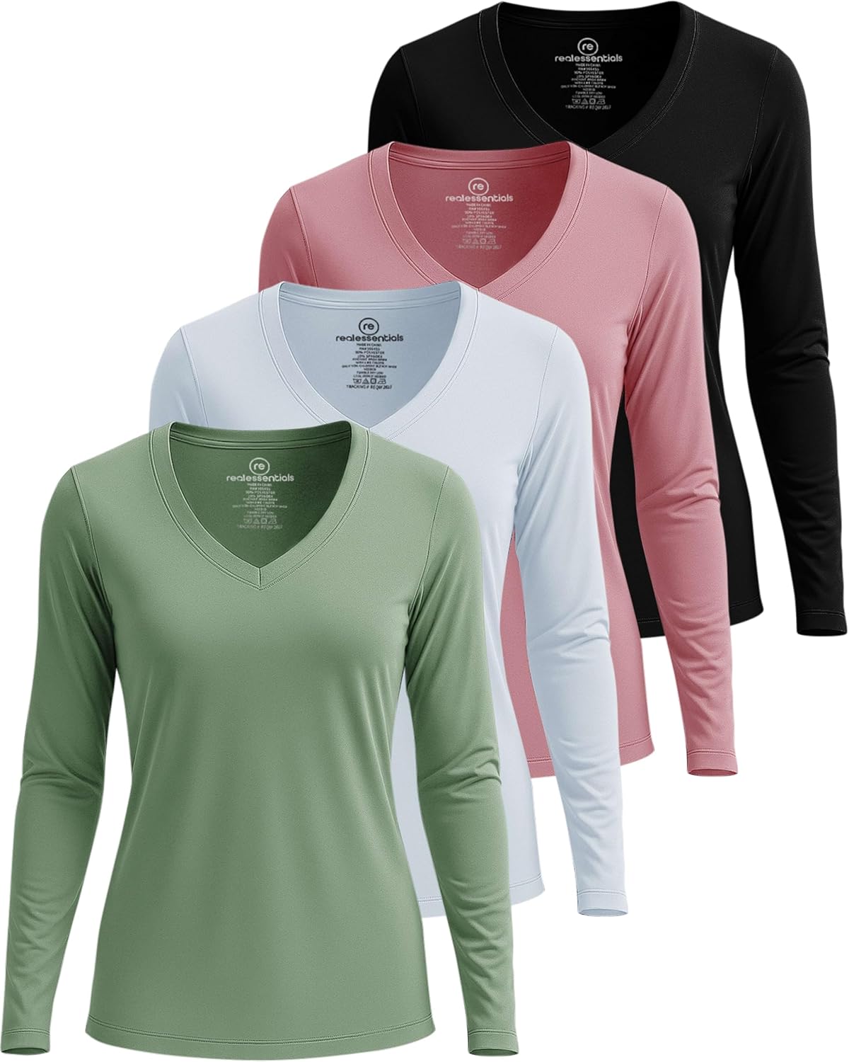 Real Essentials Women's Long Sleeve Dry Fit V-Neck Athletic Tops
