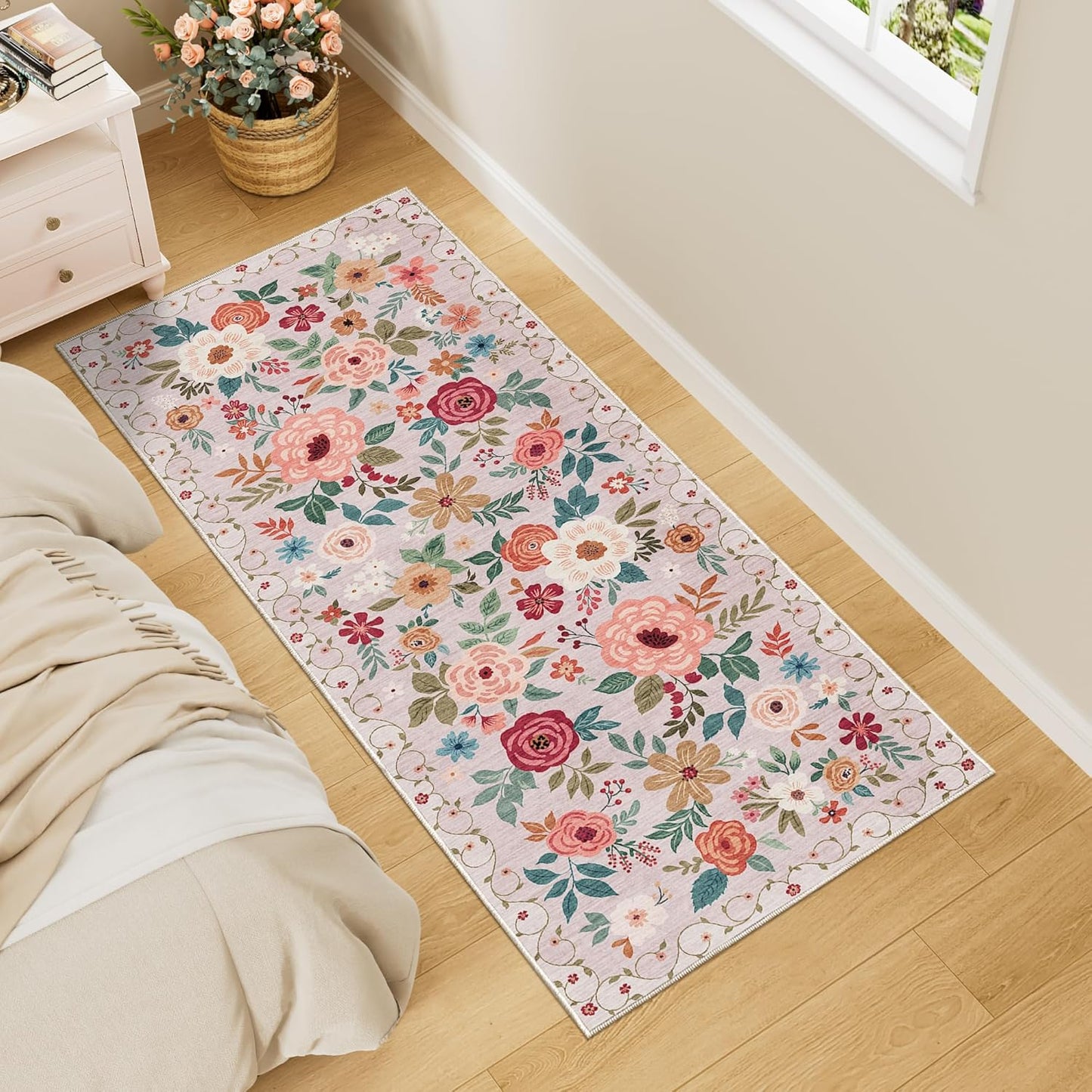 DUKINO 2x5 Runner Rug for Hallway - Washable Floral Design