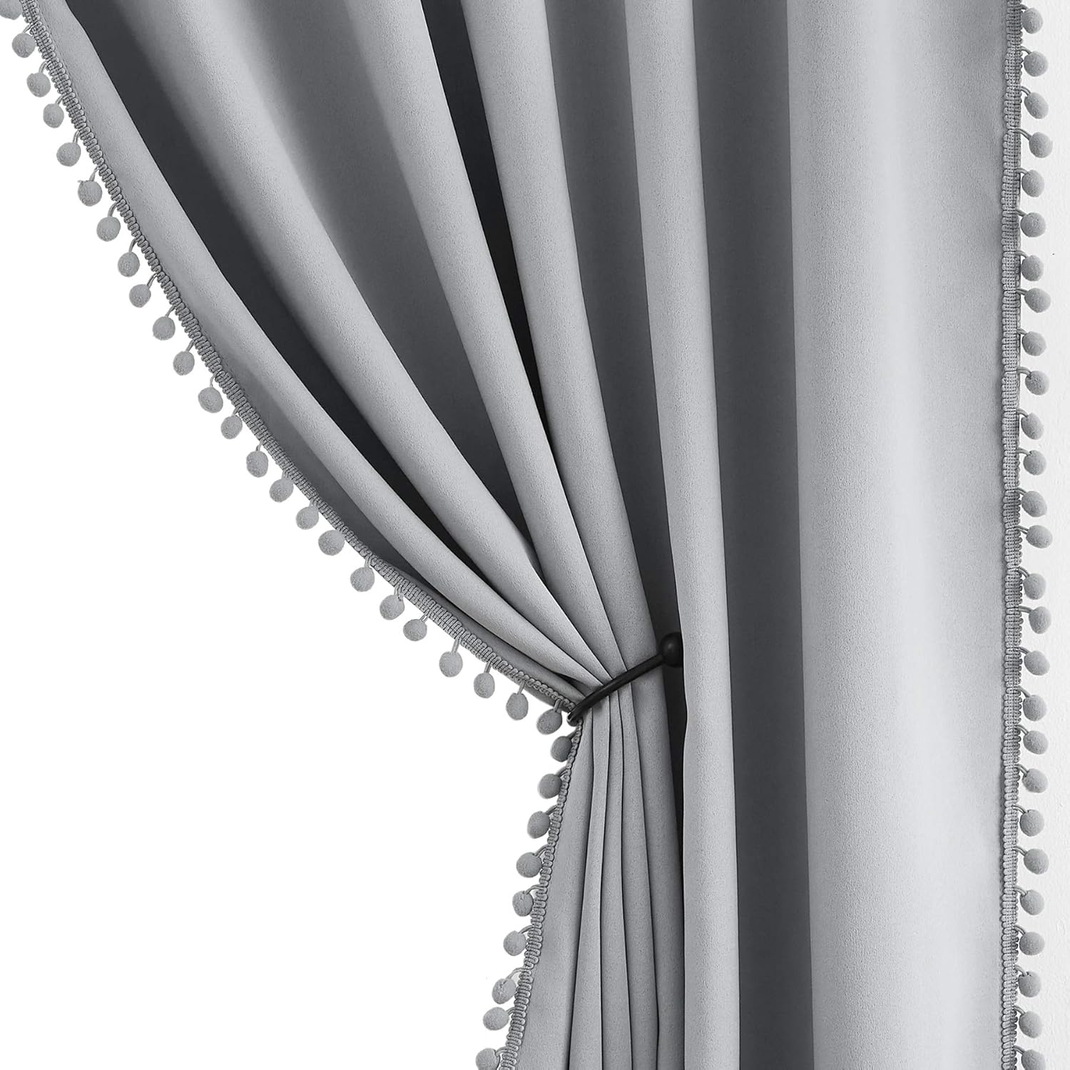 Grey Pompom Curtains for Bedroom and Living Room 95 in Panels