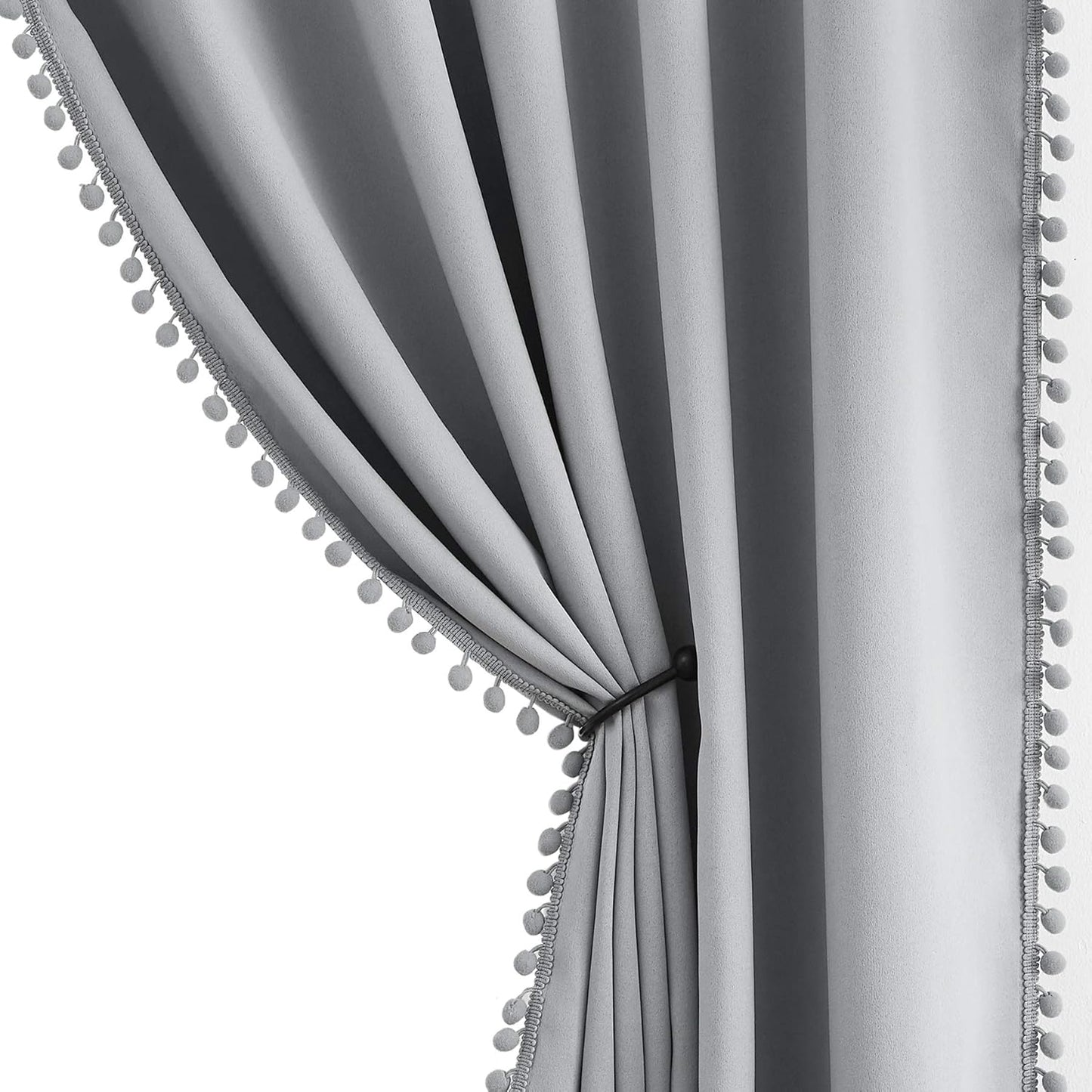 Grey Pom Pom Curtains for Bedroom 63 inch Thermal Insulated Panels