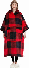Wearable Blanket Hoodie Red Plaid Oversized Sherpa - Cozy