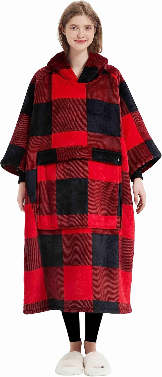 KFUBUO Wearable Blanket Hoodie: Cozy Sherpa Red Plaid Gift