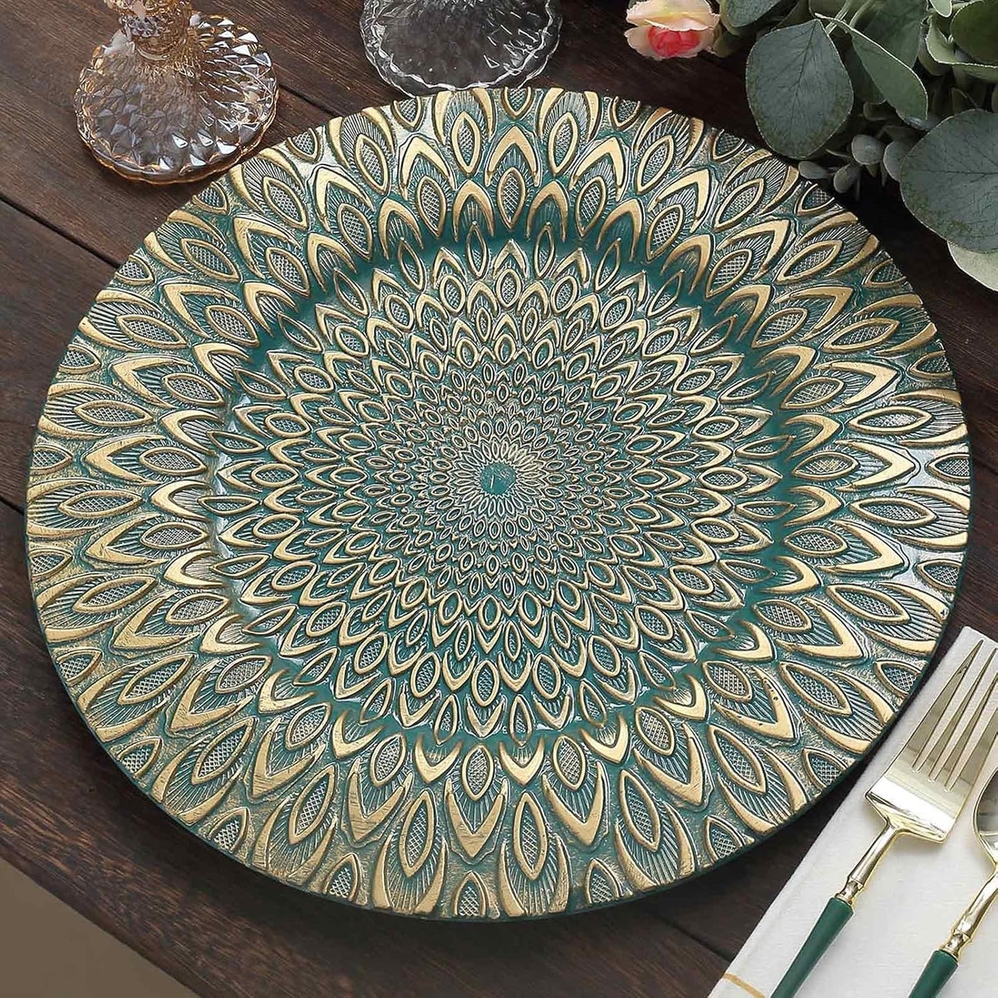 6 Pack Teal/Gold Peacock Design Charger Plates | Elegant Disposable Serveware