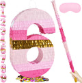 Number 6 Pinata Pink Gold 20 in with 30 in Stick - Festive Party Fun