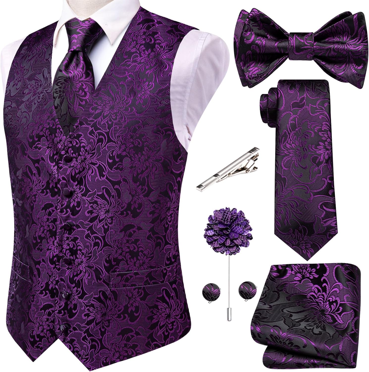Hi-Tie Men's Silk Vest Bowtie Set for Formal Occasions
