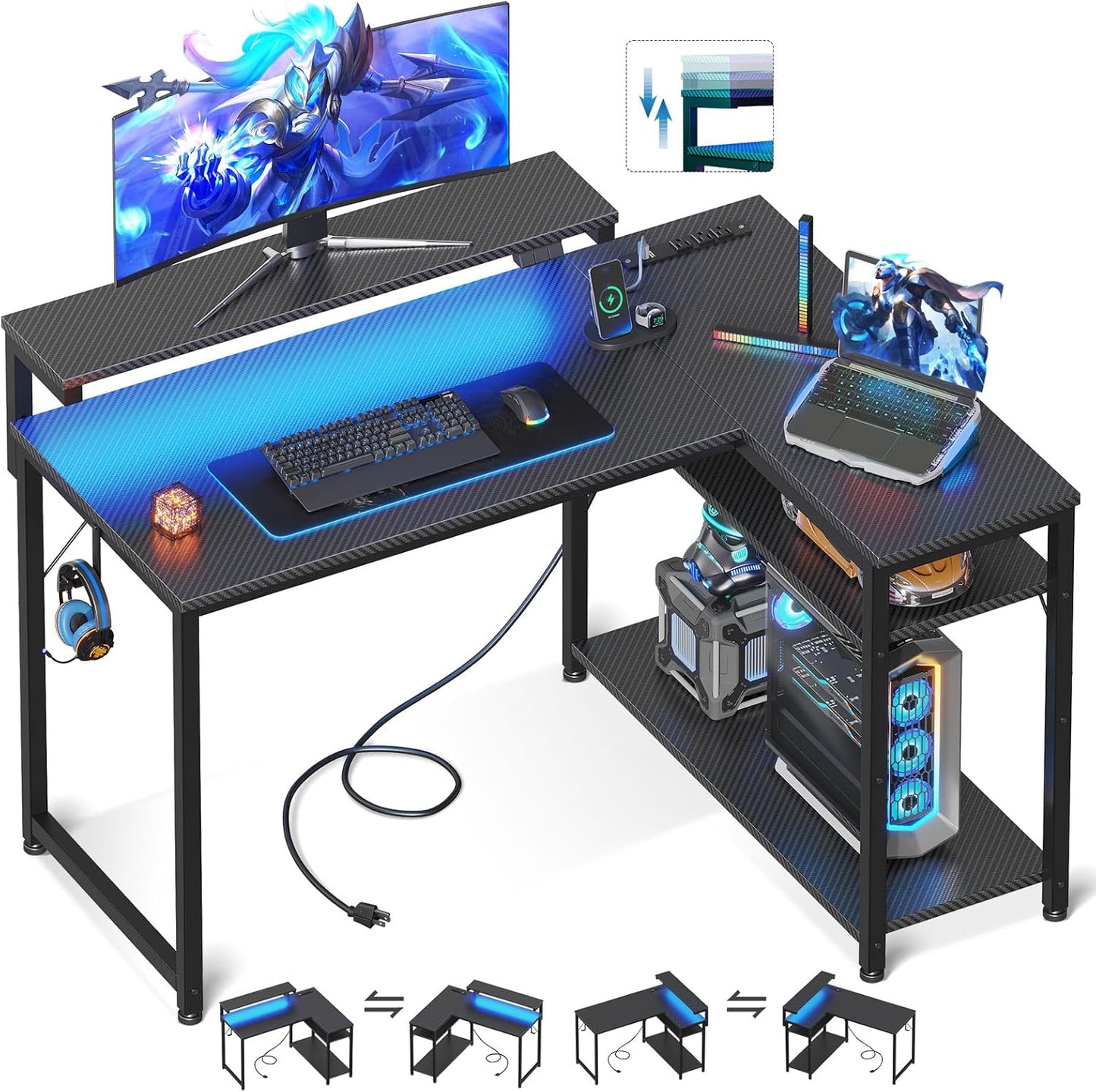 Height-Adjustable Gaming Desk with LED Lights