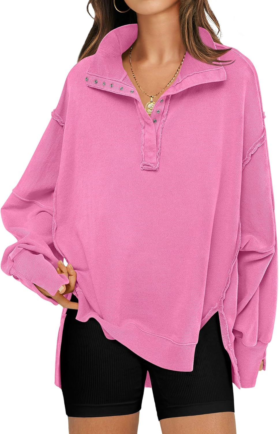 Oversized Sweatshirt for Women with Button Henley Neck Design