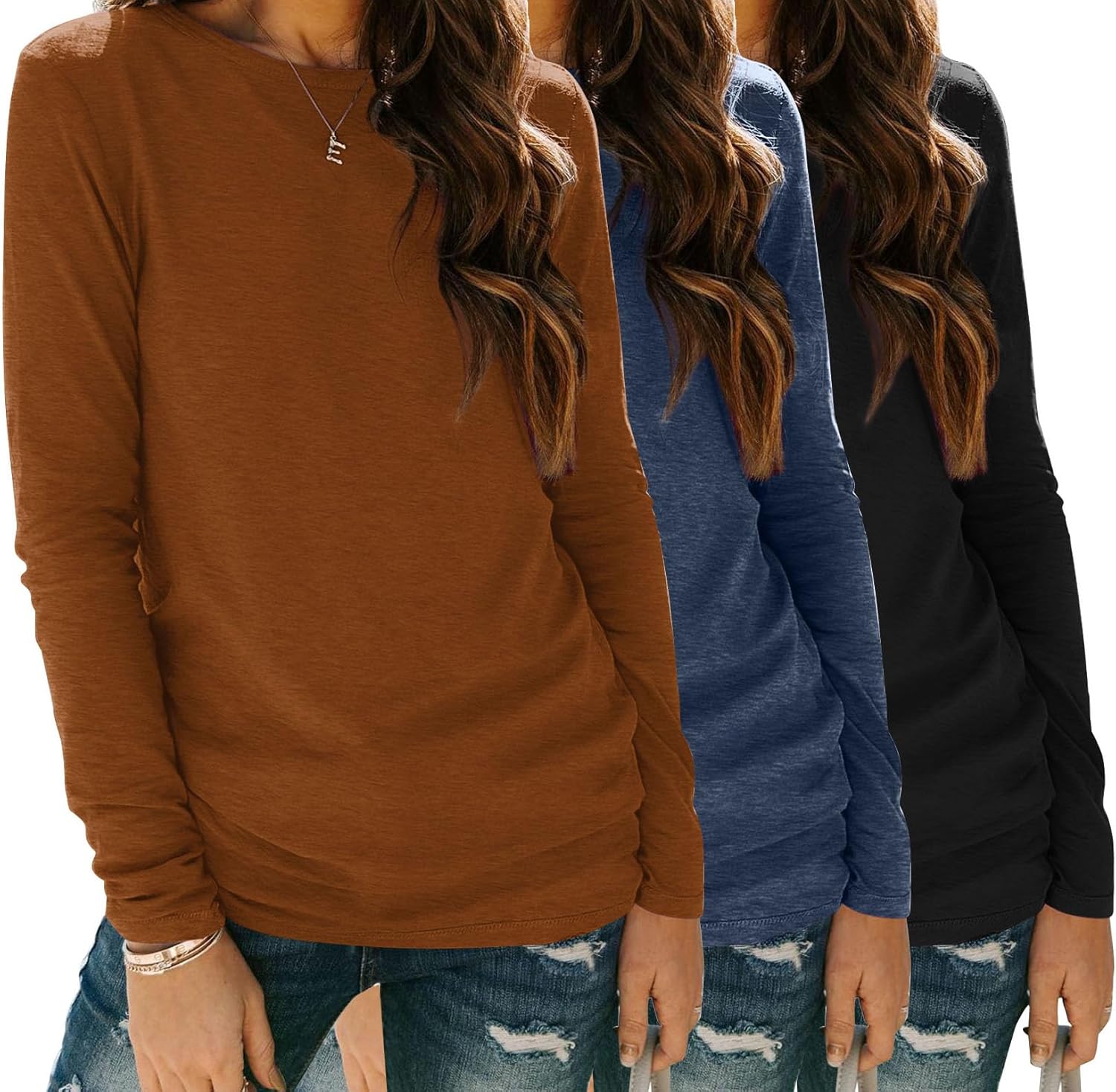 OFEEFAN Womens Long Sleeve Crew Neck Shirts 3 Pack Fall Tops