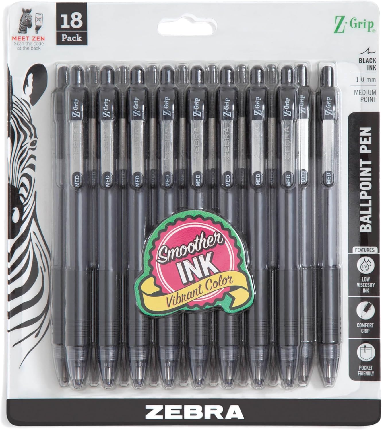 Z-Grip Retractable Ballpoint Pen, Smooth Medium Point, Black Ink - 18-Pack