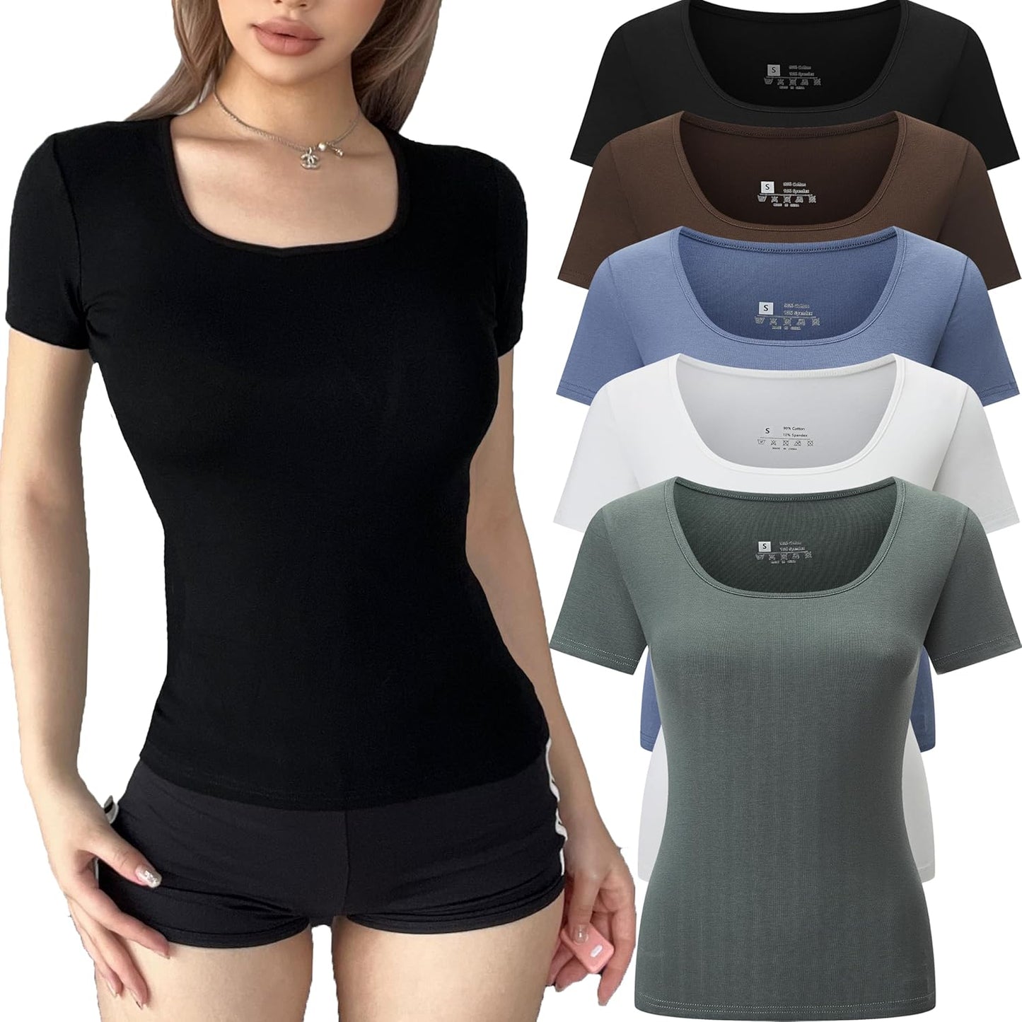 5 Pack Short Sleeve Square Neck T Shirts for Women Fashion