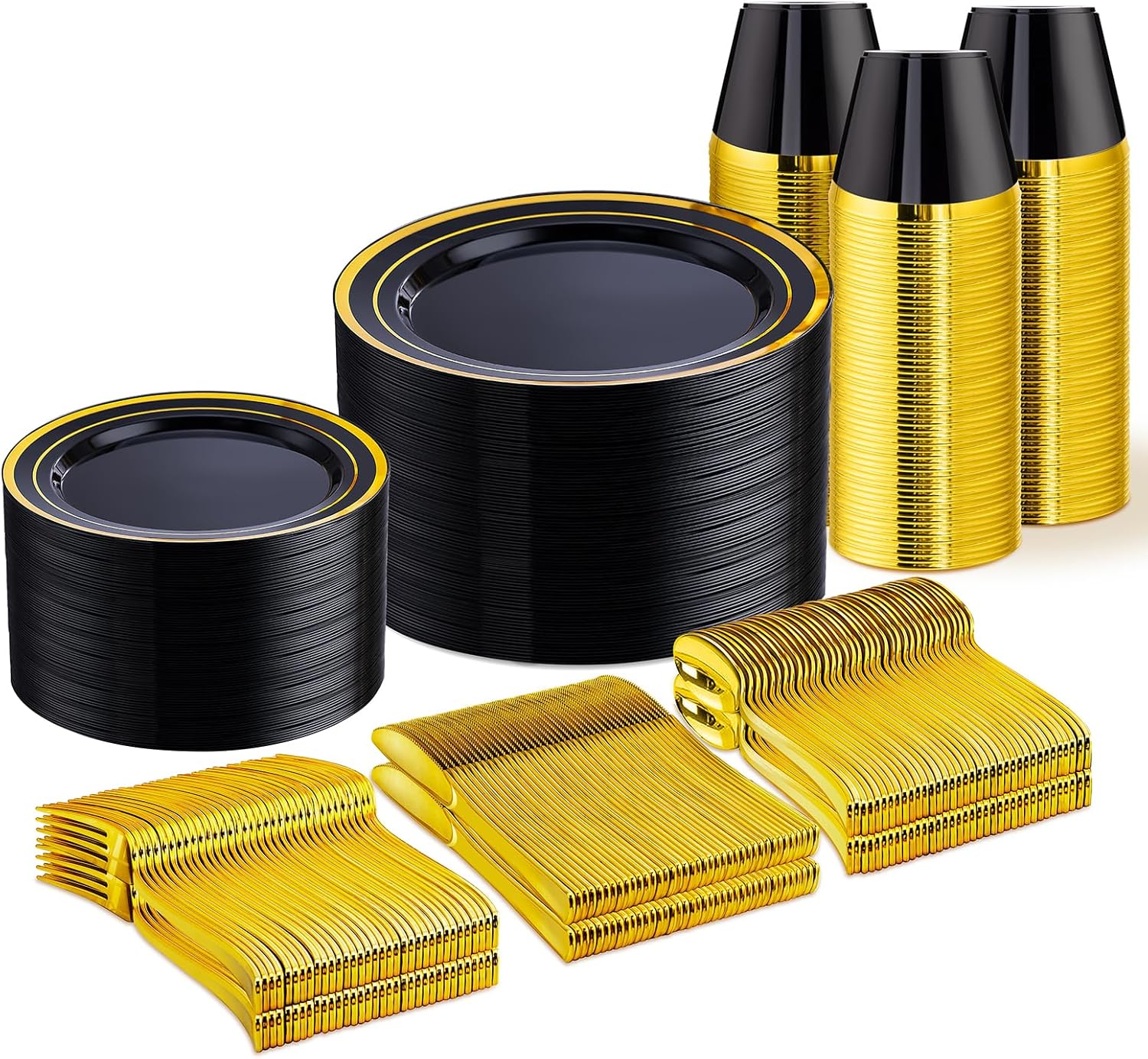 WELLIFE 450 PCS Black and Gold Disposable Dinnerware Set