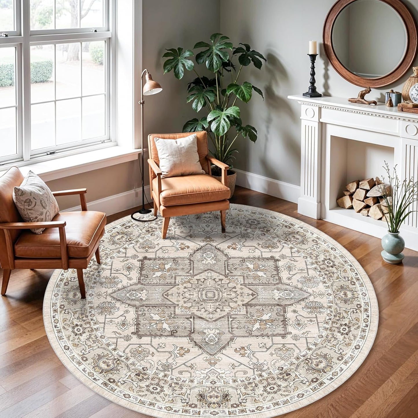 RUUGME Vintage 6ft Round Rug - Washable Boho Carpet for Home