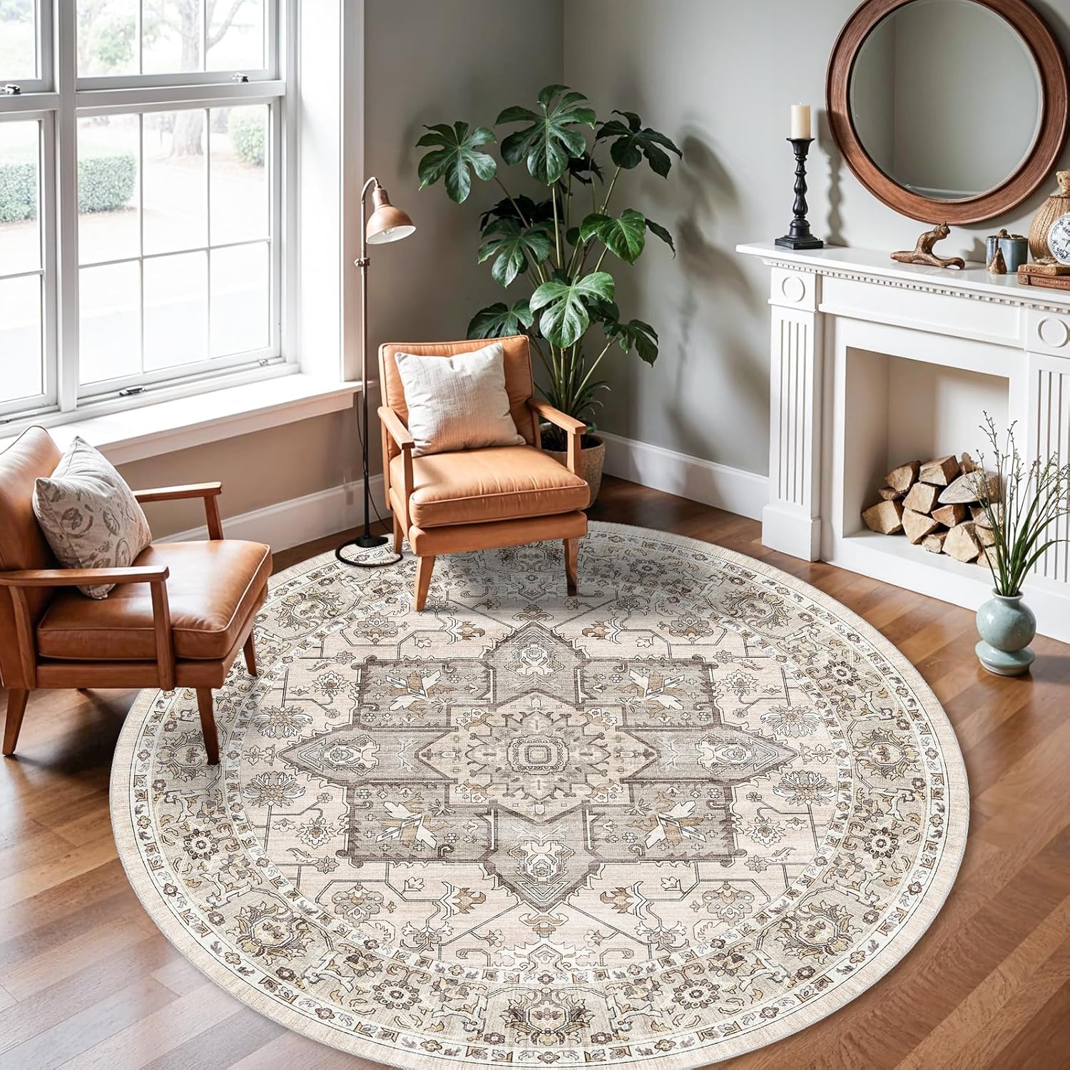 RUUGME Vintage 6ft Round Rug - Washable Boho Carpet for Home