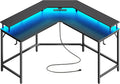 Huuger L Shaped Gaming Desk with LED Lights and Power Outlets - Corner