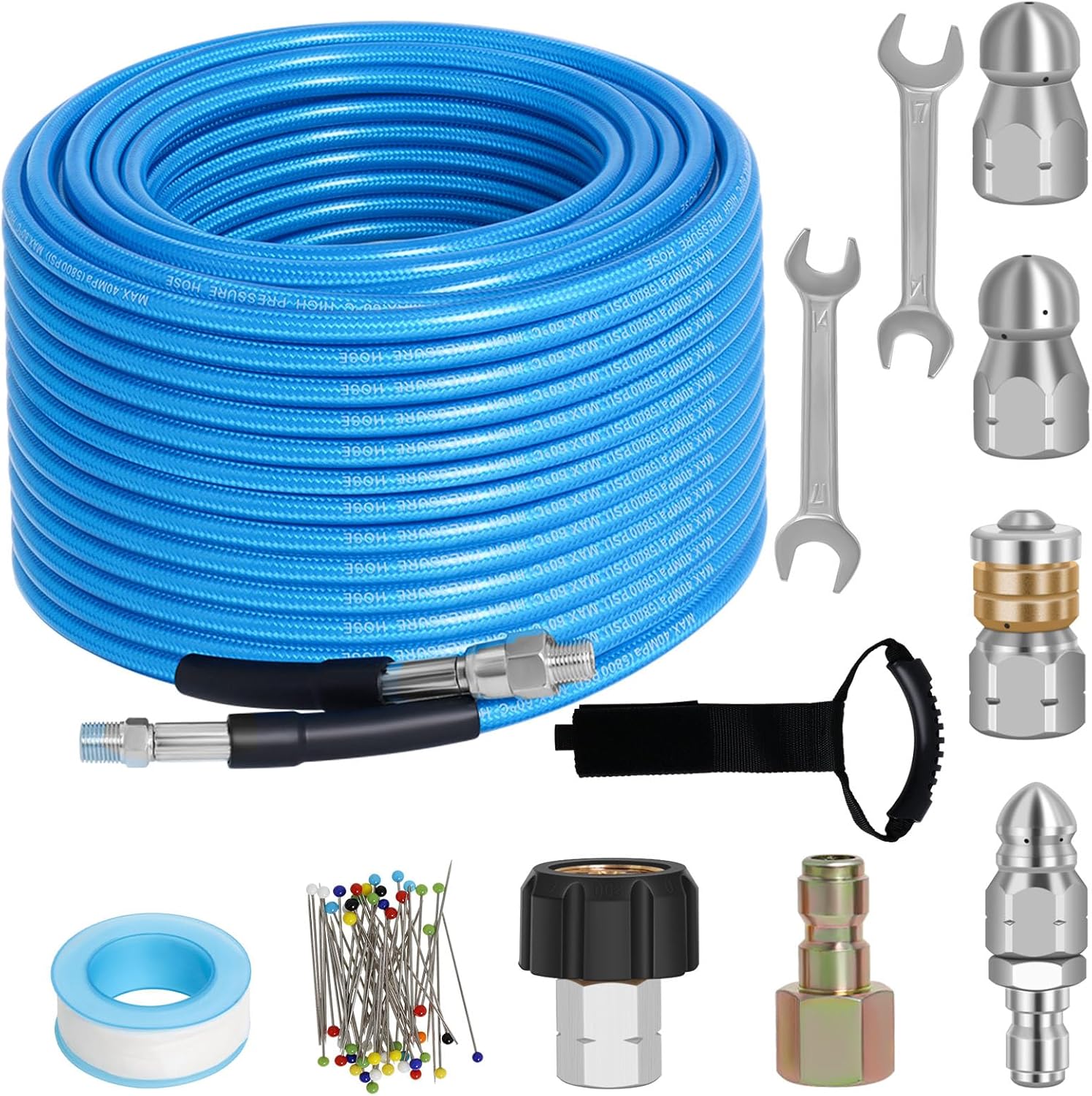 100 FT Sewer Jetter Kit for Pressure Washer with Nozzles