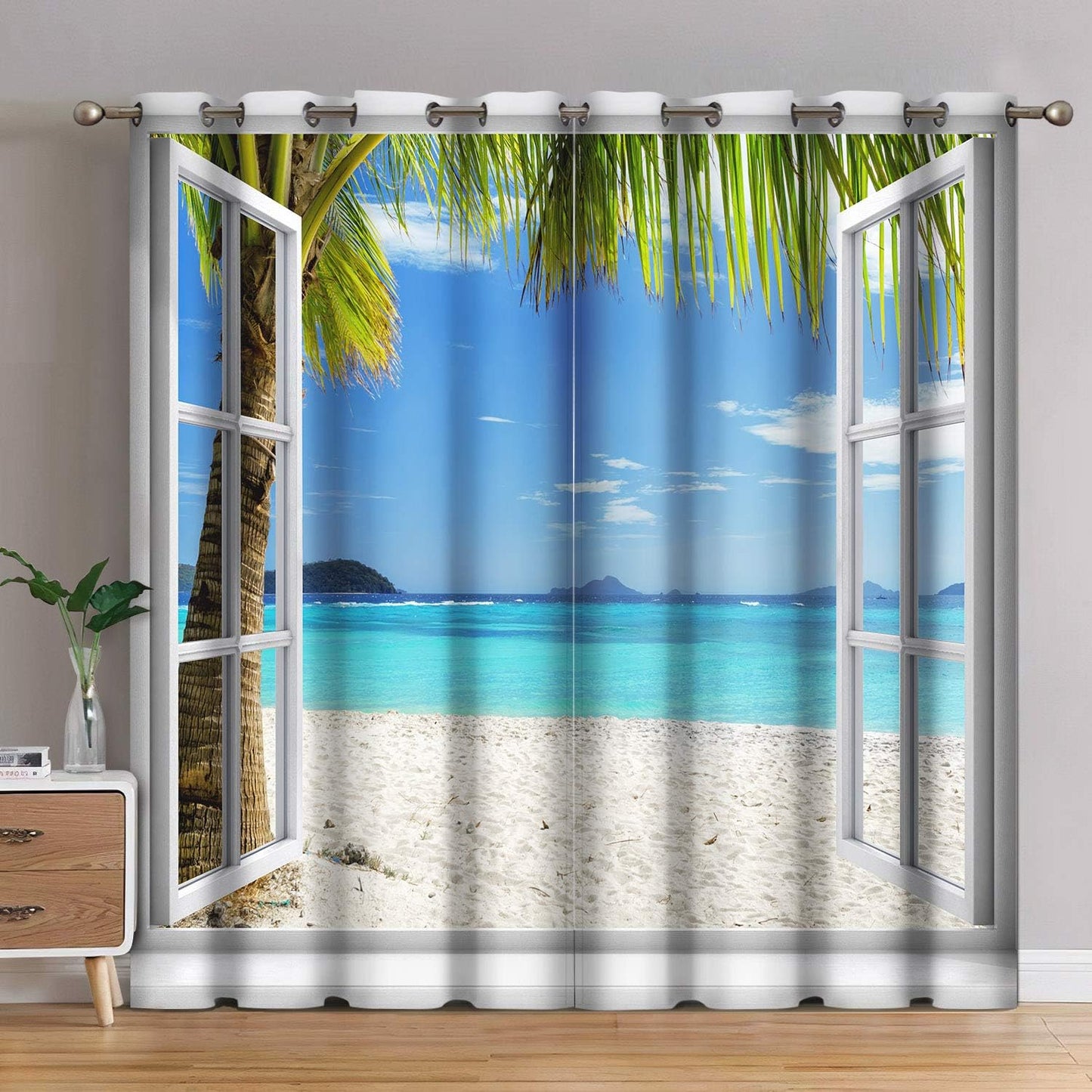 Jekeno Ocean Beach Palm Trees Blackout Curtains for Summer Decor