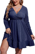 Plus Size Womens Glitter Dress V Neck Long Sleeve Ruffle Hem Women's