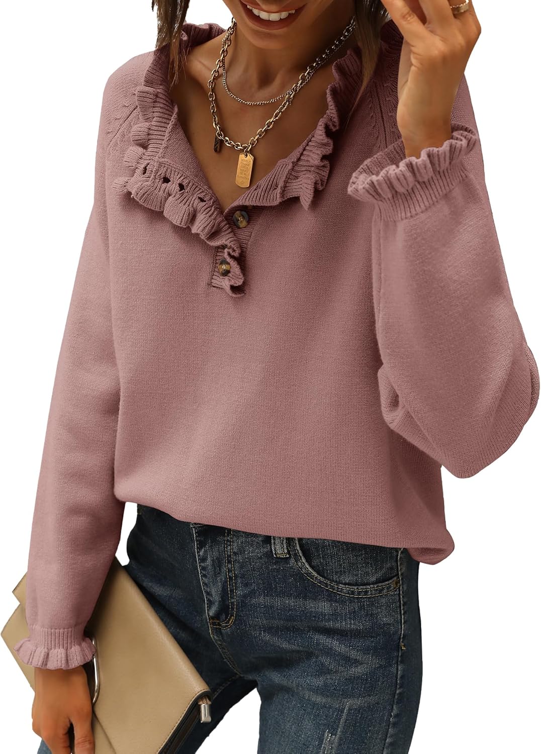 Stylish Womens Sweaters for Fall Winter - Ruffle Crew Neck Tops