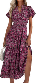Summer Maxi Dresses for Women V Neck Puff Sleeve Smocked Flowy - Boho