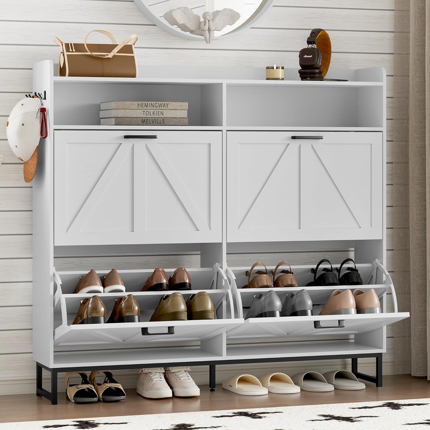 Narrow Shoe Storage Cabinet with 4 Flip Drawers for Entryway