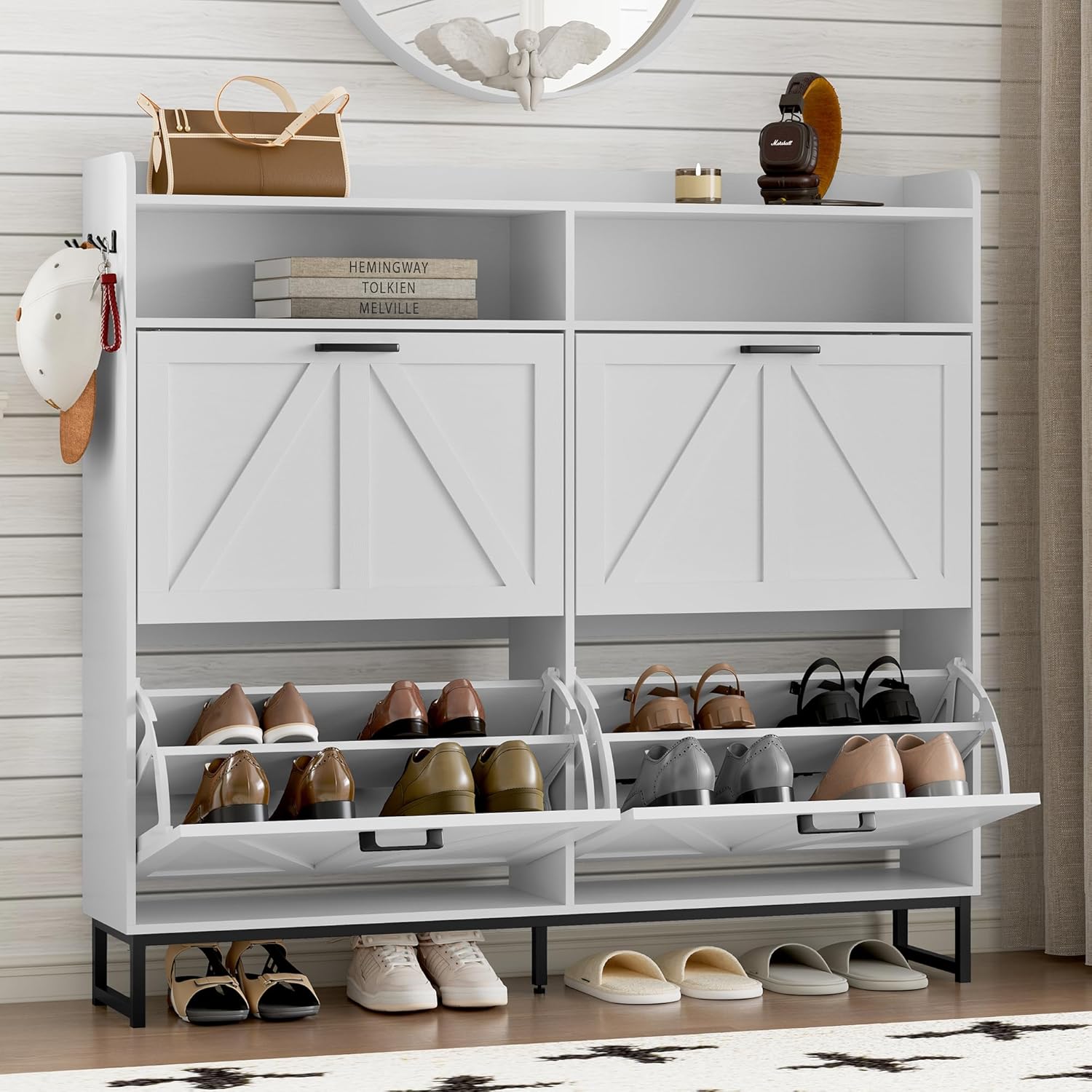 Narrow Shoe Storage Cabinet with 4 Flip Drawers for Entryway