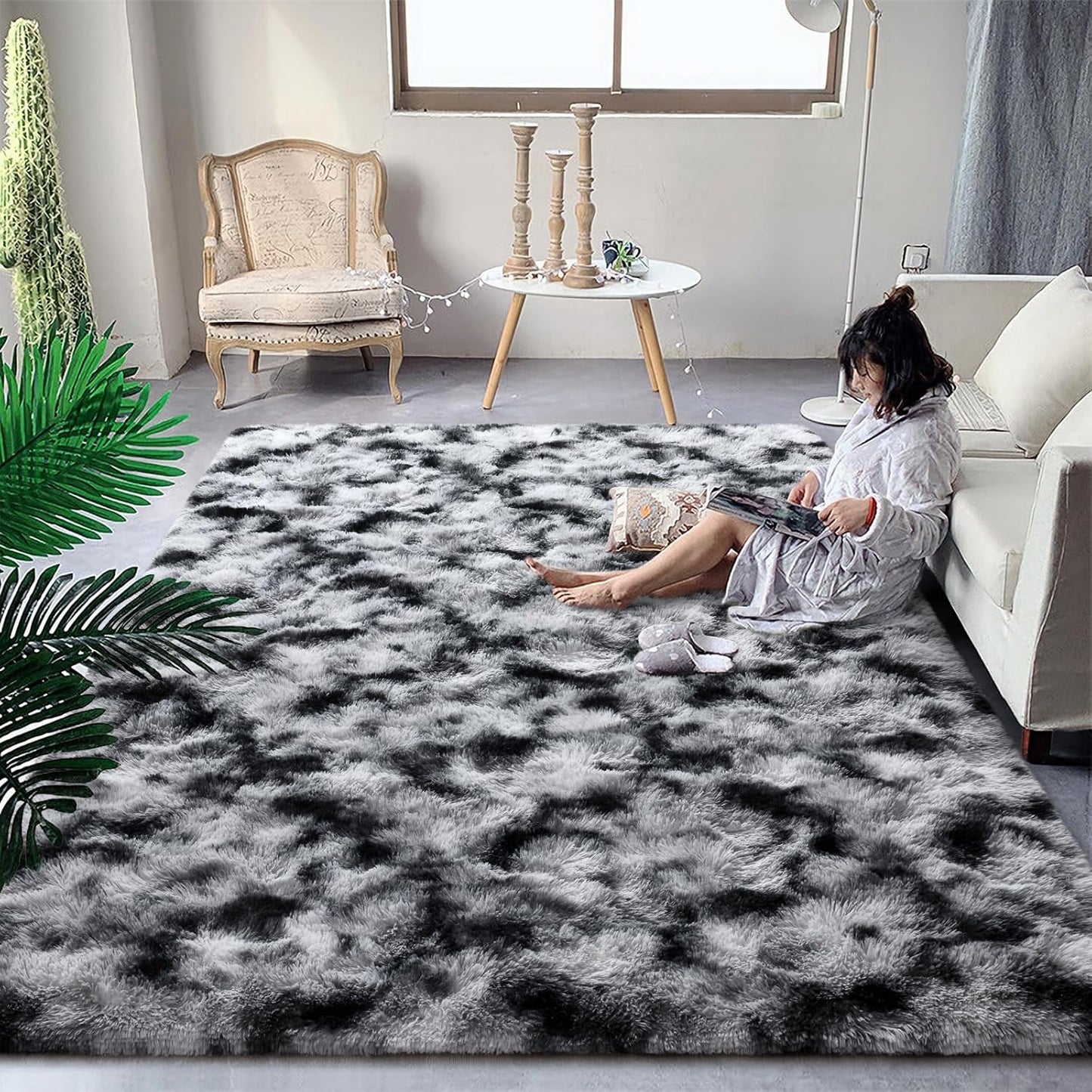 DweIke Fluffy Tie-Dyed Black White Rugs for Cozy Spaces