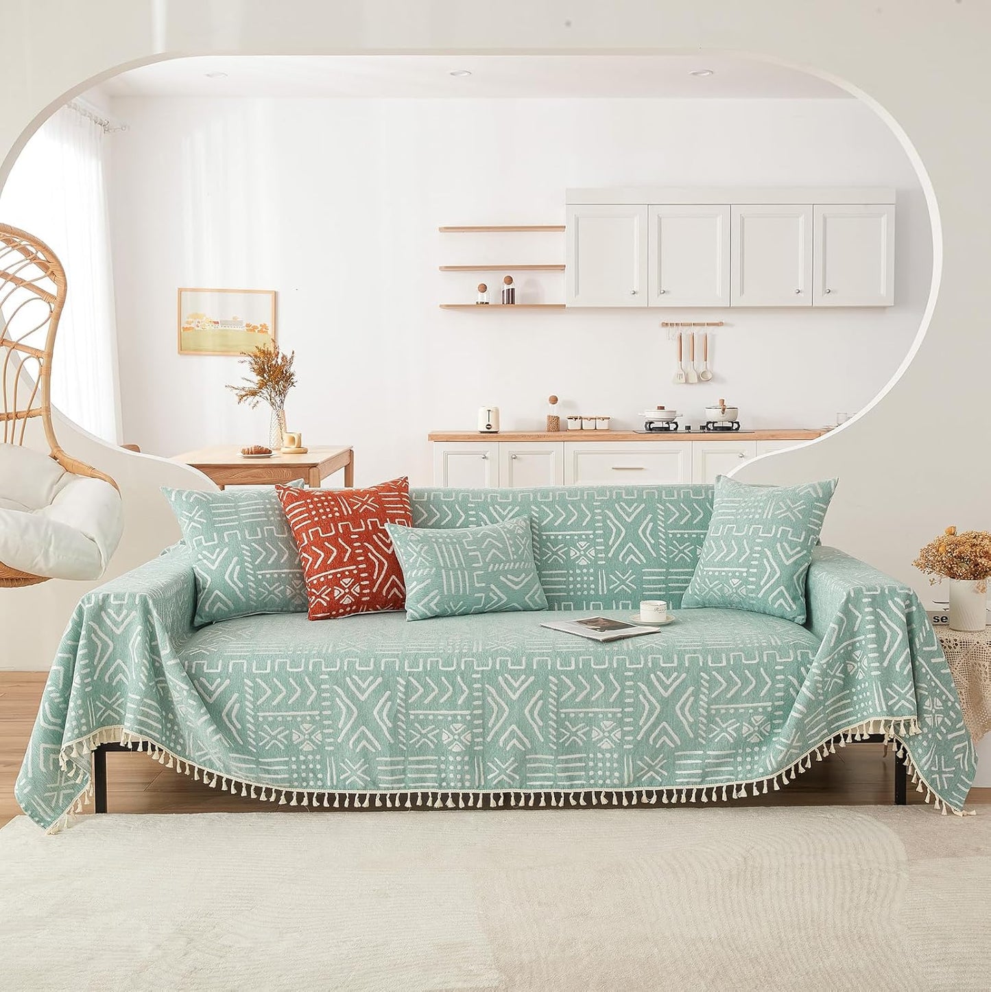 HANDONTIME Farmhouse Sofa Covers - Light Green Aztec Couch Covers