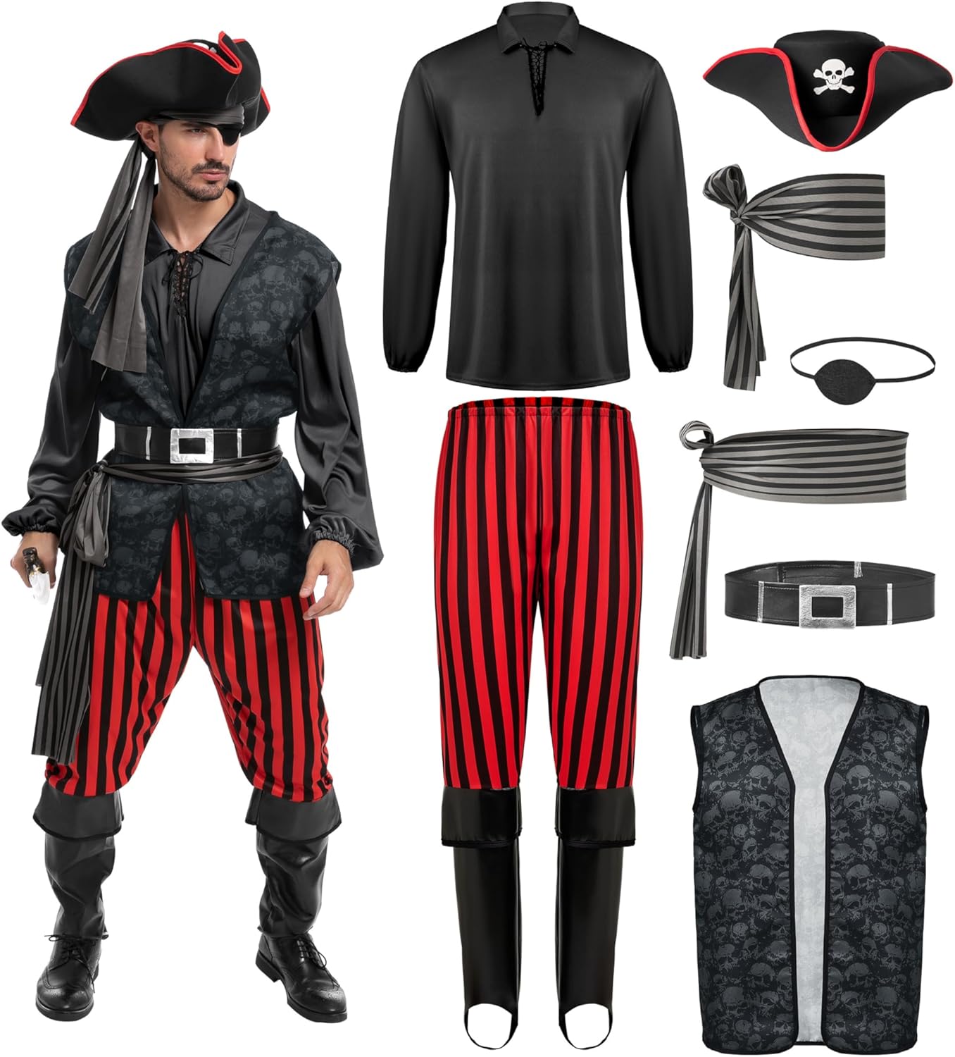 Men Pirate Costume Set for Halloween Parties and Themed Events
